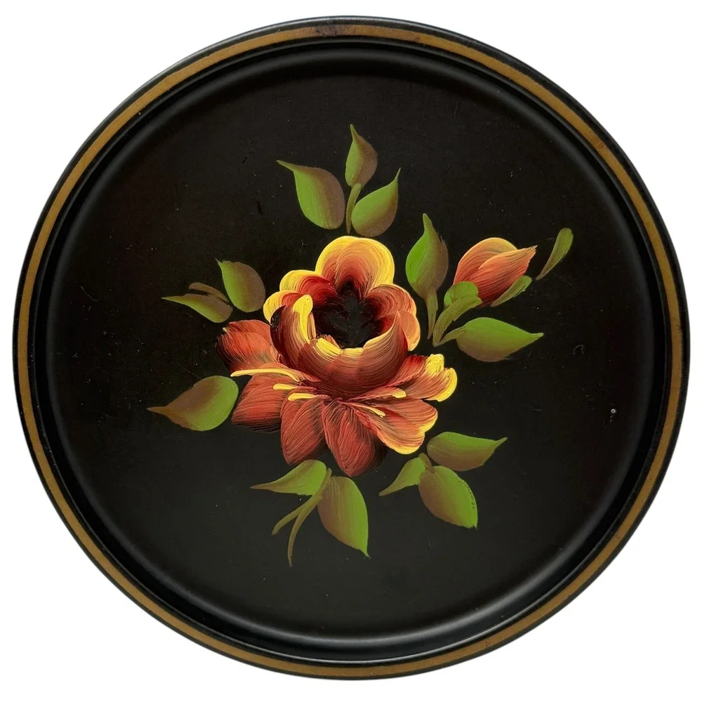 Vintage Hand Painted Tole Tin Plates Set of 4 Black Floral Rose Wall Decor 8